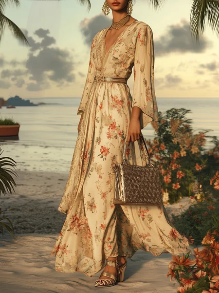 

Vacation Floral Gathered Maxi Dress No Belt, As picture, Maxi Dresses