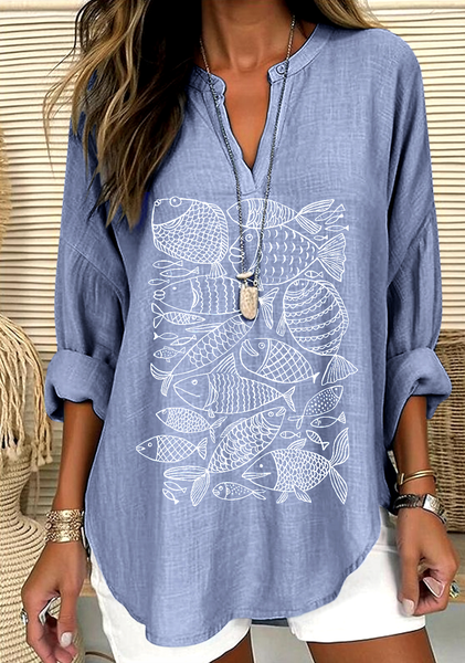 V Neck Long Sleeve Geometric Regular Micro-Elasticity Regular Fit Shirt For Women, Blue, Shirts