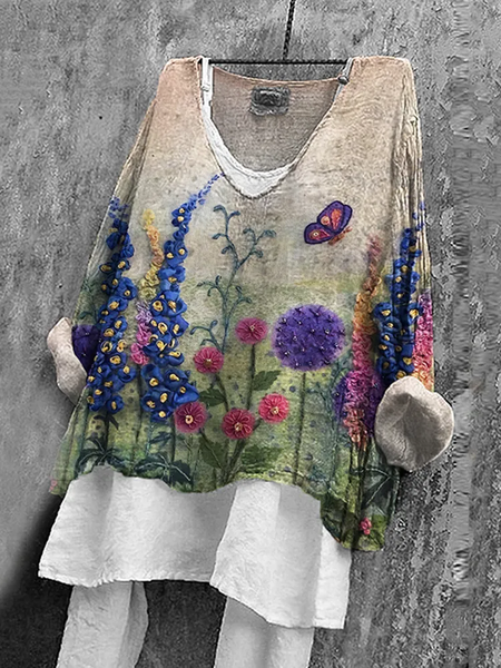 Women Floral Long Sleeve Blouse Spring/Fall Printing V Neck Daily Casual Top, As picture, Blouses