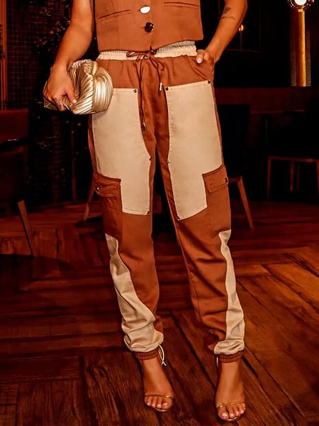 

Casual Color Block Split Joint Cargo Pants, As picture, Pants