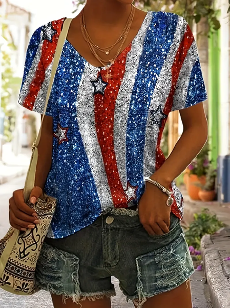 

Women Independence Day (Flag) Short Sleeve Tee T-shirt V Neck Printing Casual Summer Graphic Tee Top, Red-blue, T-Shirts