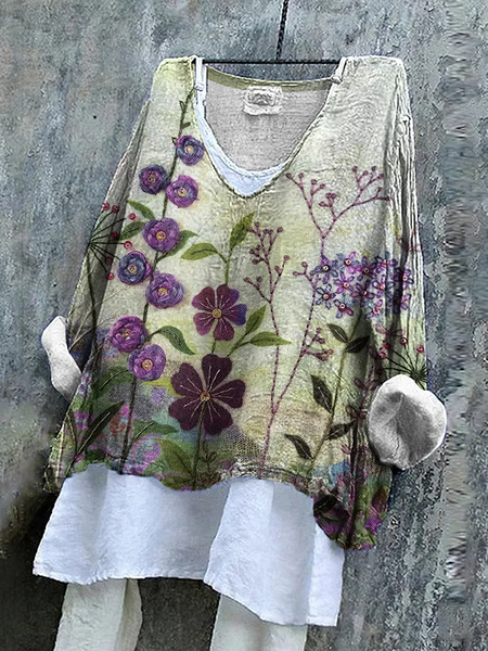 Women Floral Long Sleeve Blouse Spring/Fall Printing V Neck Daily Casual Top, As picture, Blouses