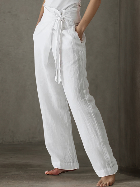 

Casual Plain Asymmetric Straight linen-cotton Pants, Off white, Pants