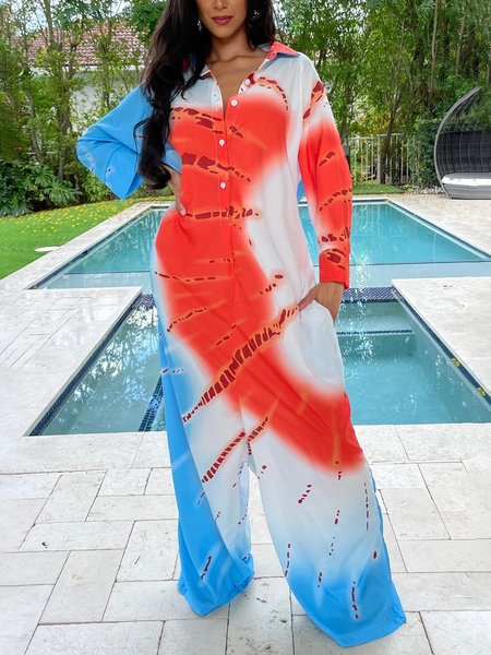 Casual Printing Tie-Dye Pattern Shawl Collar Shirt Jumpsuit, As picture, Jumpsuits