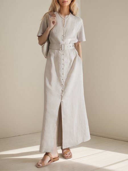 

Vacation Linen-Cotton Blend Gathered Maxi Dress Belt, As picture, Maxi Dresses