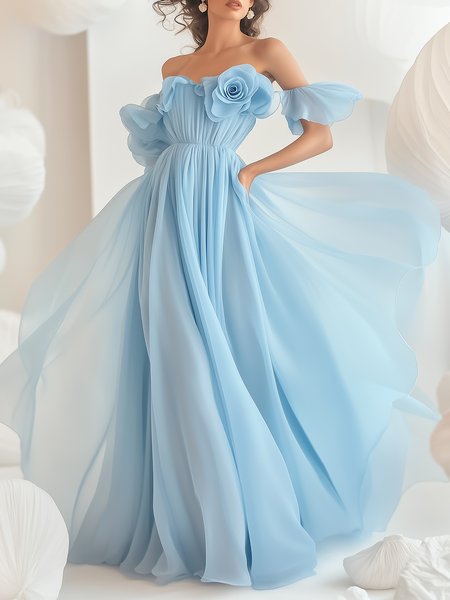 

Elegant Plain Gathered Off The Shoulder Maxi Dress Brooch, Blue, Maxi Dresses