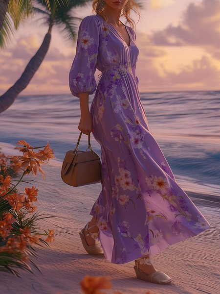 Vacation Floral Gathered V Neck Maxi Dress, Purple, Maxi Dresses
