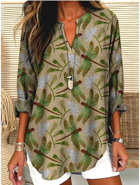 

V Neck Long Sleeve Geometric Regular Micro-Elasticity Regular Fit Shirt For Women, Lightgreen, Shirts