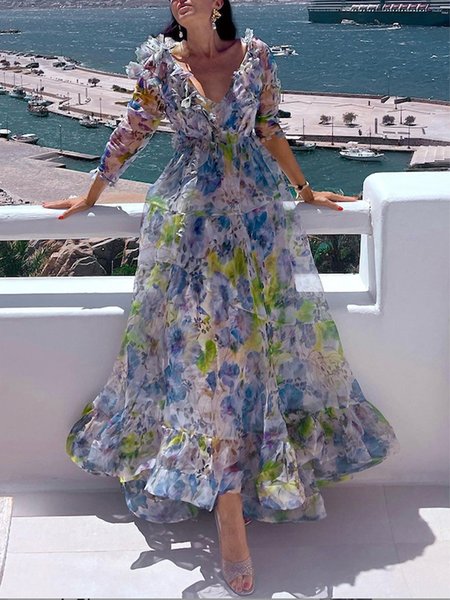 

Vacation Floral Ruffle Sleeve Ruched V Neck Maxi Dress, As picture, Maxi Dresses