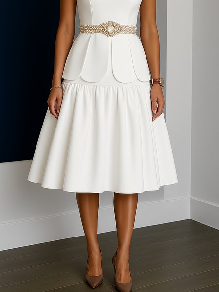 

Elegant Plain A-Line Midi Skirt, White, Skirts