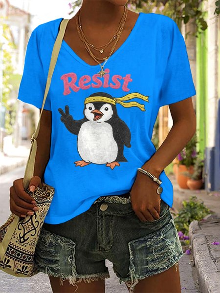 

Casual Floral V Neck Short Sleeve T-shirt, Blue, T-shirts