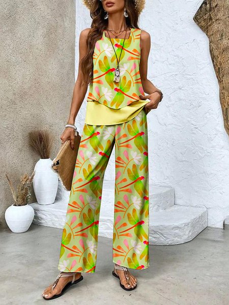 Women Floral Crew Neck Sleeveless Comfy Casual Two-Piece Set, Light_green, Jumpsuits&Rompers