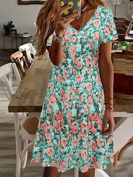 

Women Floral Short Sleeve Summer Printing Dress V Neck Daily Casual Midi Fit & Flare Dress A-Line Dress, Green, Casual Dresses