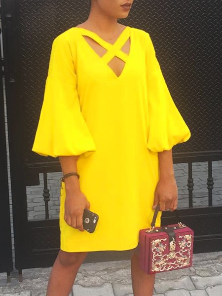 Elegant Plain Balloon Sleeve Hollow Out Knee Length Dress, Yellow, Mini Dresses