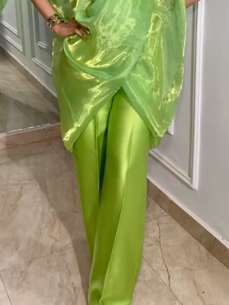 

Elegant Plain Satin Wide Leg Pants, Green, Pants