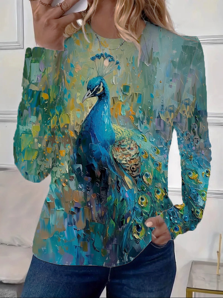 

Women Peacock Long Sleeve Tee T-shirt Crew Neck Printing Casual Spring/Fall Graphic Tee Top, As picture, T-Shirts