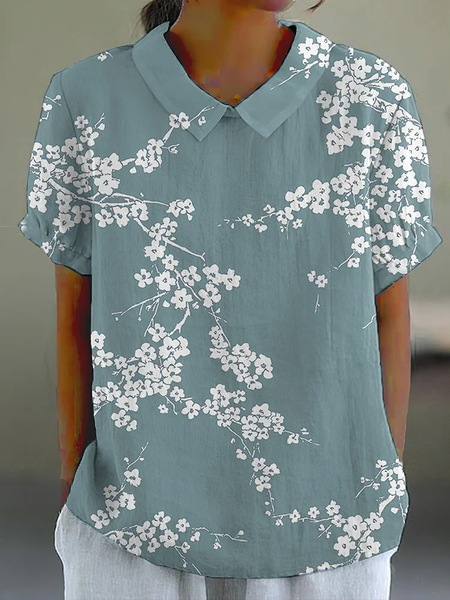 

Shawl Collar Short Sleeve Floral Lightweight Loose Shirt For Women, Light blue, Blouses