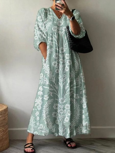 

Women's Spring Floral Print Casual Dress, Green, Maxi Dresses