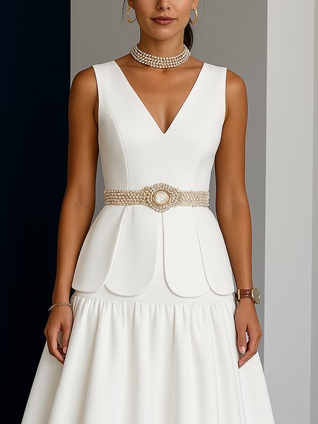 Elegant Plain V Neck Tank Top No Belt, White, Tanks and Camis