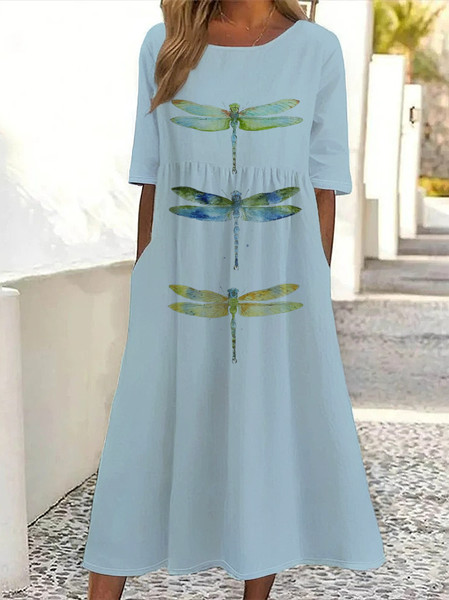 

Women Dragonfly Short Sleeve Summer Printing Dress Crew Neck Daily Casual Maxi Shift Dress H-Line Dress, Blue, Casual Dresses