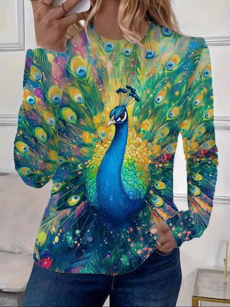 

Women Peacock Long Sleeve Tee T-shirt Crew Neck Printing Casual Spring/Fall Graphic Tee Top, As picture, T-Shirts