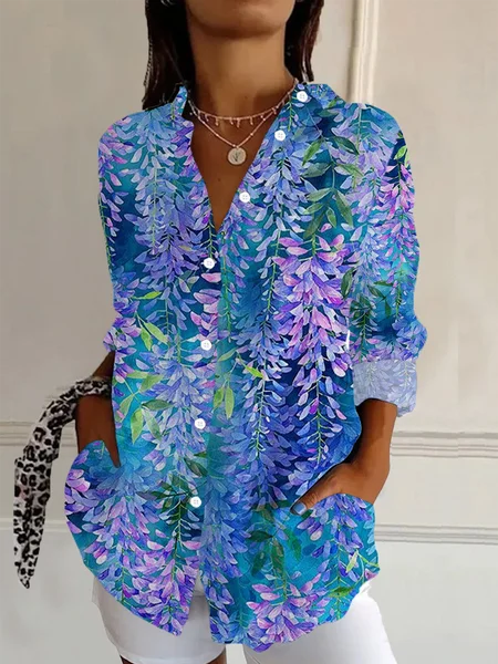 Shirt Collar Long Sleeve Floral Buckle Regular Loose Button Up Shirt Shirt For Women, Blue purple, Shirts