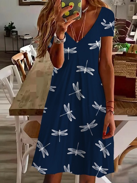 

Women Dragonfly Short Sleeve Summer Printing Dress V Neck Daily Casual Midi Fit & Flare Dress A-Line Dress, Purplish blue, Casual Dresses