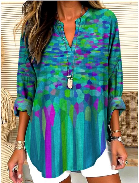

V Neck Long Sleeve Geometric Regular Micro-Elasticity Regular Fit Shirt For Women, Aqua blue, Shirts