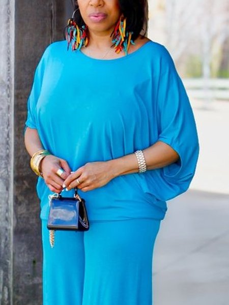 Jersey Casual Plain Crew Neck Dolman Sleeve Blouse, Blue, Blouses and Shirts