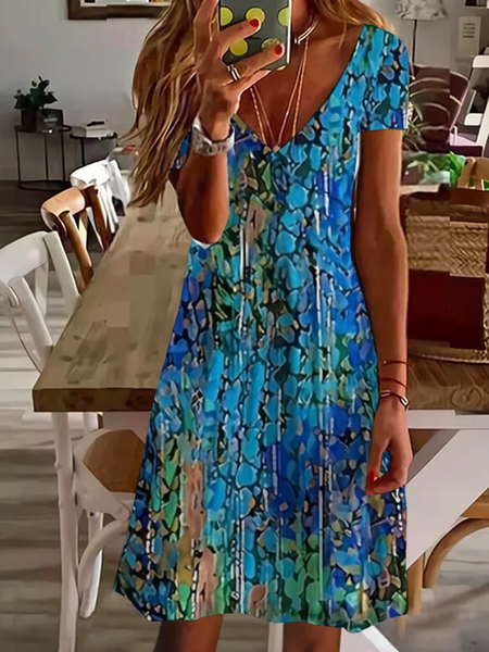 

Women Abstract Short Sleeve Summer Printing Dress V Neck Daily Casual Midi Fit & Flare Dress A-Line Dress, Blue, Casual Dresses