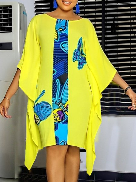 

Vacation Butterfly Raglan Sleeves Printing Crew Neck Midi Dress, Yellow, Midi Dresses