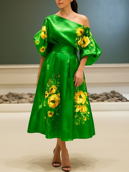 

Elegant A-Line Floral Maxi Skirt, Green, Skirts