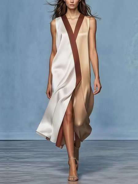 

Urban Color Block Printing V Neck Slit Midi Dress, As picture, Midi Dresses