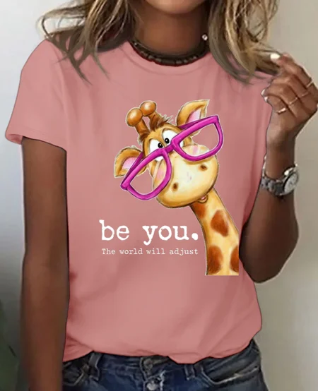 

Women Deer Short Sleeve Tee T-shirt Crew Neck Casual Summer Top, Orange pink, T-Shirts