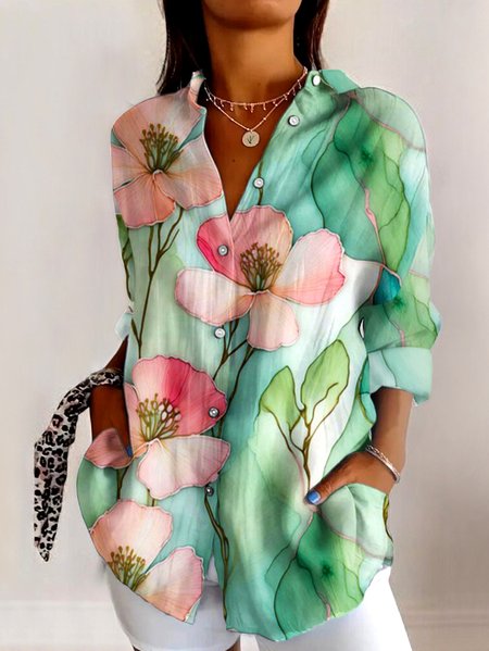 

Shirt Collar Long Sleeve Geometric Regular Micro-Elasticity Regular Fit Shirt For Women, Lightgreen, Shirts