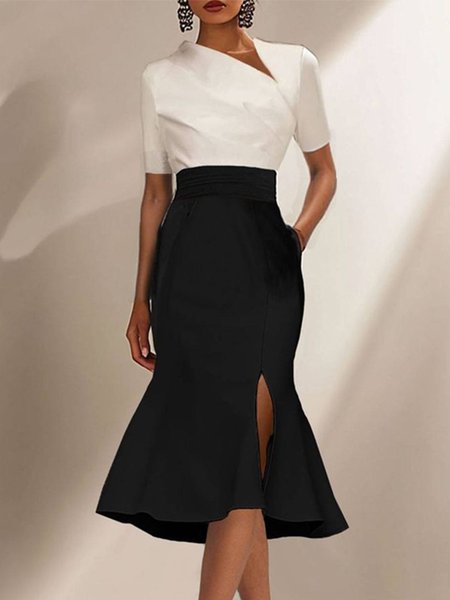 

Elegant Black And White Colorblock Side-Slit Asymmetrical Midi Dress, Black-white, Midi Dresses
