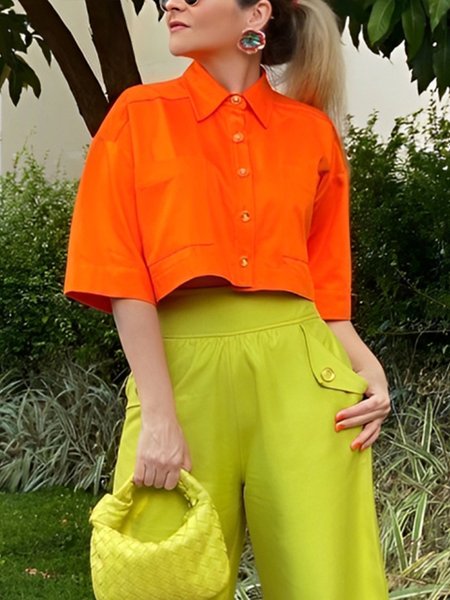 

Cotton Urban Plain Shirt Collar Shirt, Orange, Blouses and Shirts