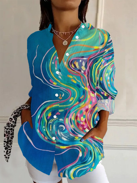 Women Abstract Long Sleeve Shirt Spring/Fall Buckle Shirt Collar Daily Casual Top, Blue, Shirts