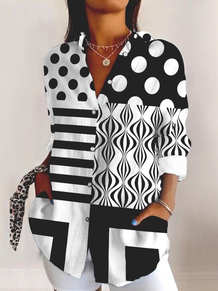 Shirt Collar Long Sleeve Geometric Regular Micro-Elasticity Regular Fit Shirt For Women, White, Shirts