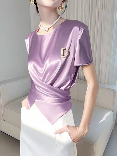 

Satin Elegant Plain Knot Front Crew Neck Blouse With Brooch, Purple, Blouses and Shirts