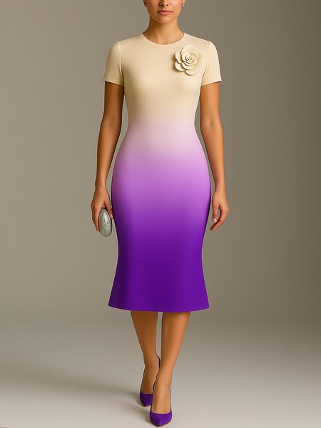 

Elegant Ombre Printing 3D Floral Crew Neck Midi Dress, As picture, Midi Dresses
