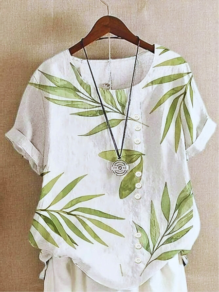 Crew Neck Half Sleeve Plants Regular Regular Fit Blouse For Women, As picture, Blouses