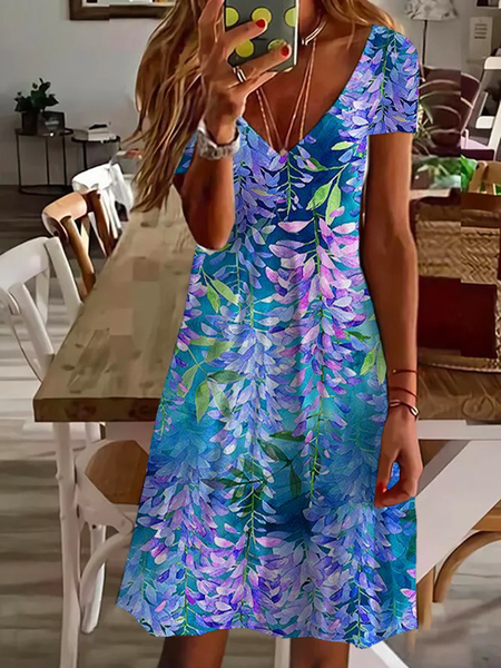 

Women Floral Short Sleeve Summer Dress V Neck Daily Casual Midi Fit & Flare Dress A-Line Dress, Blue purple, Casual Dresses