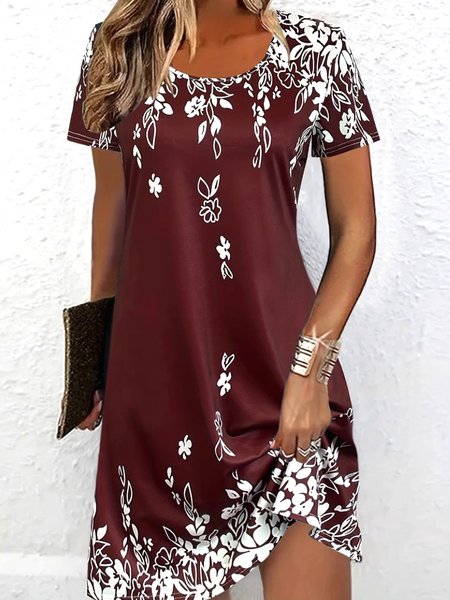 

Women Floral Crew Neck Short Sleeve Comfy Casual Midi Dress, Red, Maxi