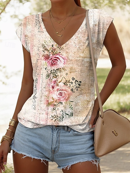 

Casual Floral V Neck Short Sleeve T-shirt, As picture, T-shirts