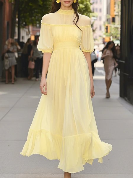 

Elegant Plain Balloon Sleeve Split Joint Stand Collar Maxi Dress With Belt, Yellow, Maxi Dresses