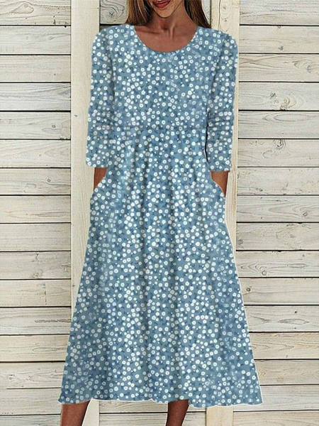 

Women Floral Half Sleeve Summer Printing Dress Crew Neck Daily Casual Maxi A-Line Dress, Blue, Casual Dresses