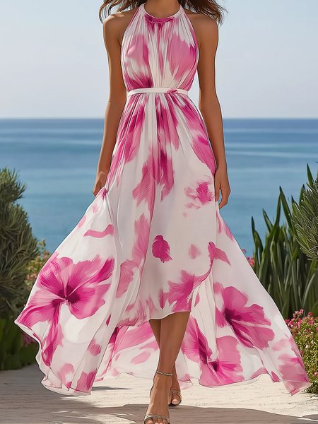

Vacation Floral Printing Halter Maxi Dress, Pink, Maxi Dresses