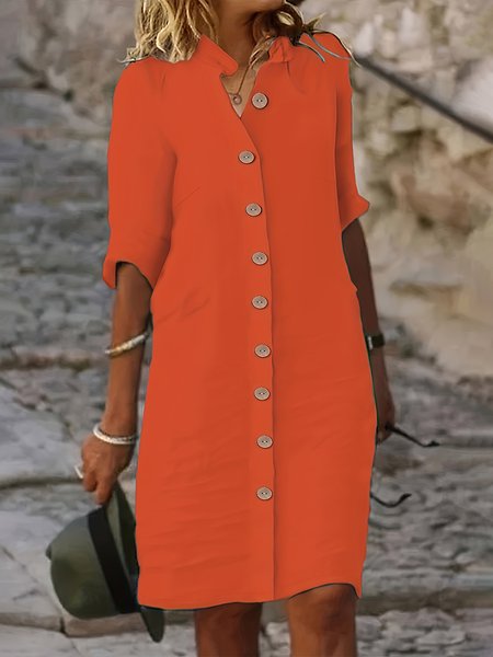 

Casual Plain Button Stand Collar Midi Dress, Orange, Midi Dresses