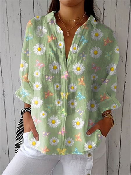 

Shirt Collar Three Quarter Sleeve Floral Regular Loose Shirt For Women, Green, Shirts